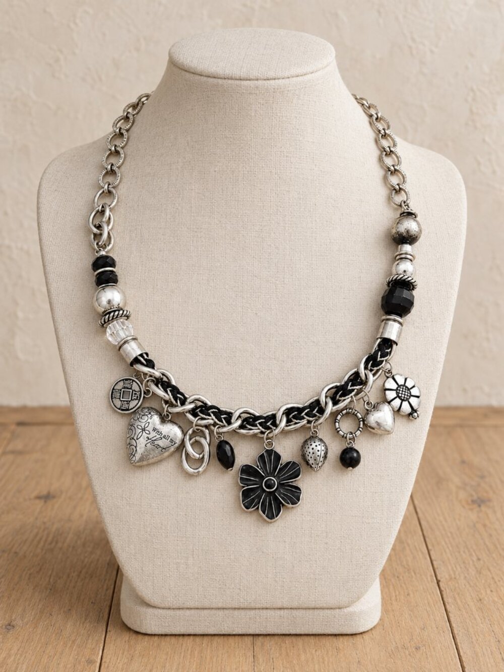 Premier Designs Chunky Silver Charm Necklace Y2K Grunge Black Braided Heart